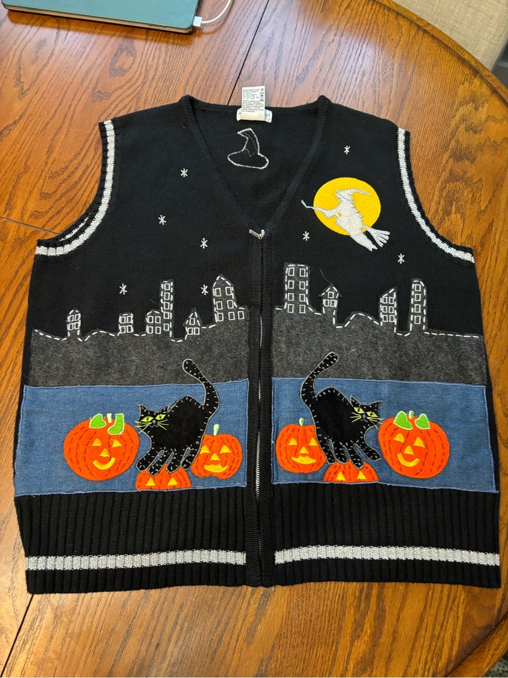Vtg white stag womens XL Halloween cardigan vest witch black cat jack o lantern